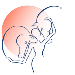 Logo représentant une femme entre deux têtes de chevaux, dans un instant de connection et de douceur au lever du soleil
