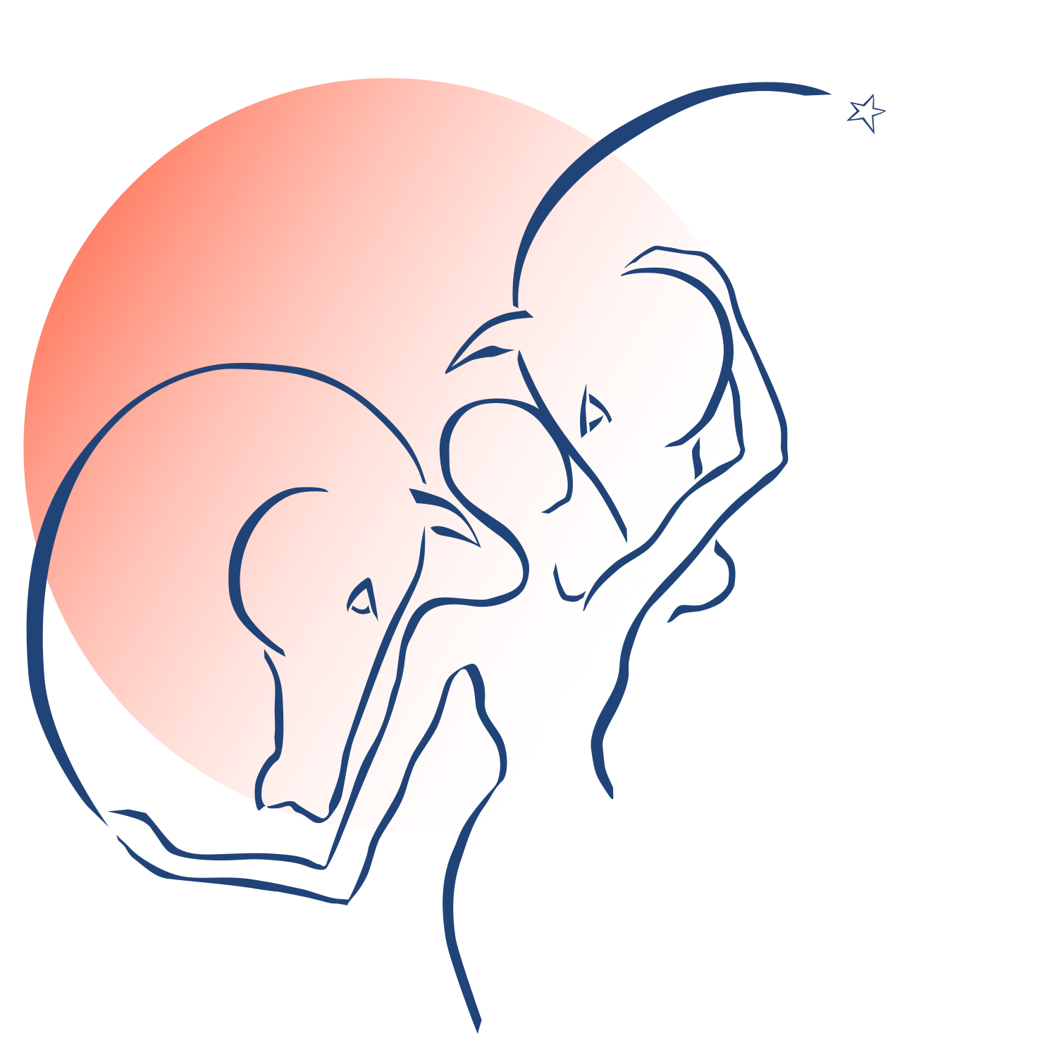 Logo représentant une femme entre deux têtes de chevaux, dans un instant de connection et de douceur au lever du soleil