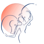 Logo représentant une femme entre deux têtes de chevaux, dans un instant de connection et de douceur au lever du soleil