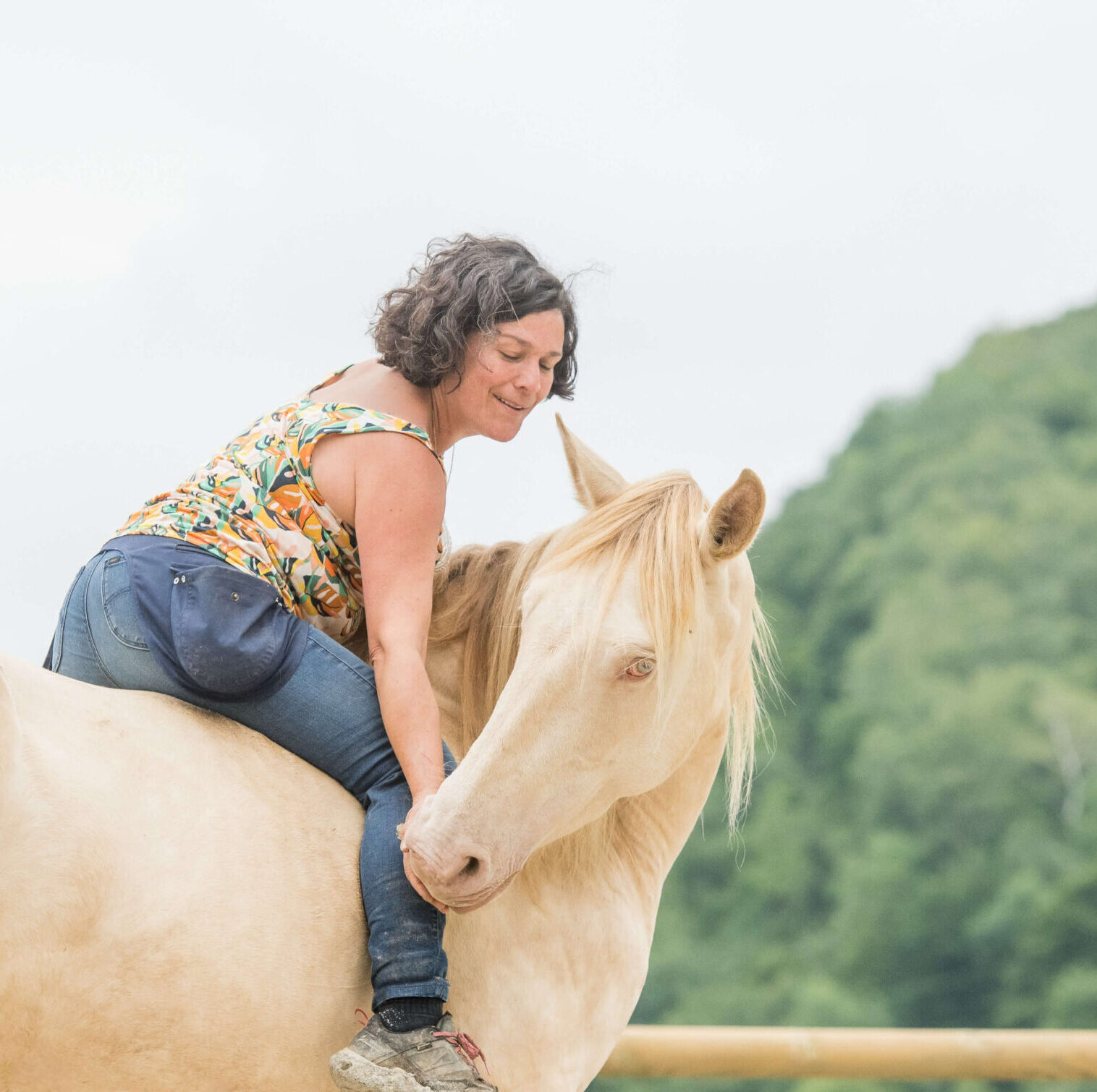 Récompense lors d'une séance montée de clicker training dans les Hautes Pyrénées..